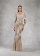Janique - 17013 Glistening Stripes Long Sleeve Evening Gown