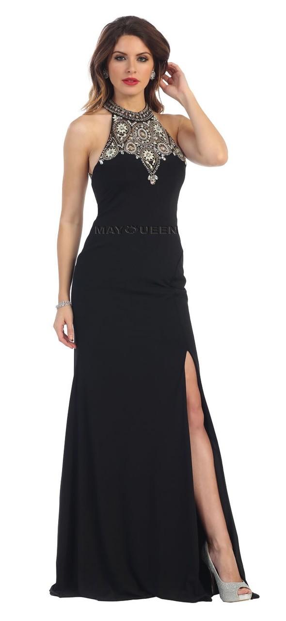 Embellished High Neck With Side Slit Jersey Dress