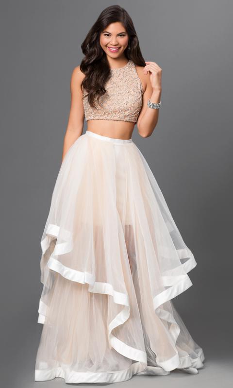 Terani Couture - Beaded Crop Top And Ruffled Mesh Skirt Long Gown Ensemble 151p0102a