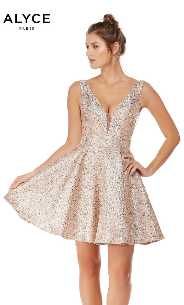 Alyce Paris - 3782 Plunging V-neck Metallic Jacquard Dress