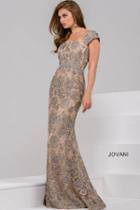 Jovani - Cap Sleeve Embellished Floral Applique Evening Dress 48121