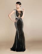 Mnm Couture - Cap Sleeve Bejeweled Mermaid Gown M0031