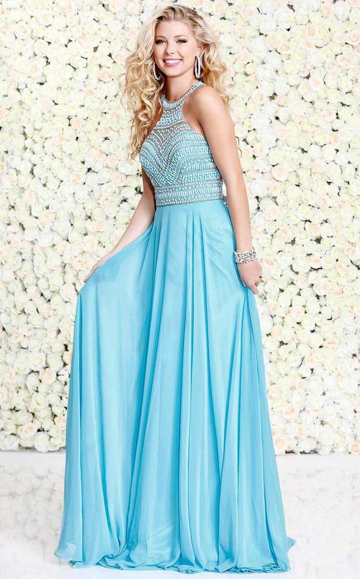 Shail K - Beaded Halter Neck Chiffon A-line Dress 4038