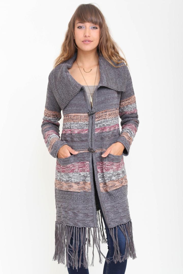 Goddis - Amalia Long Fringe Knit Jacket In Oakwood