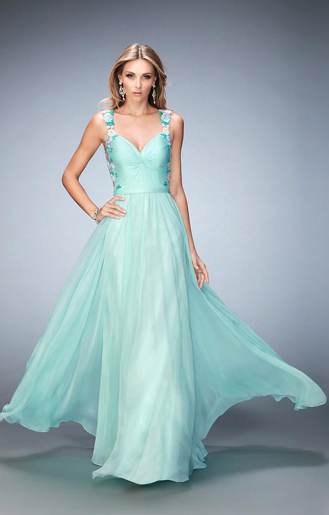 La Femme - 22804 Floral Lace Detail Chiffon Evening Gown