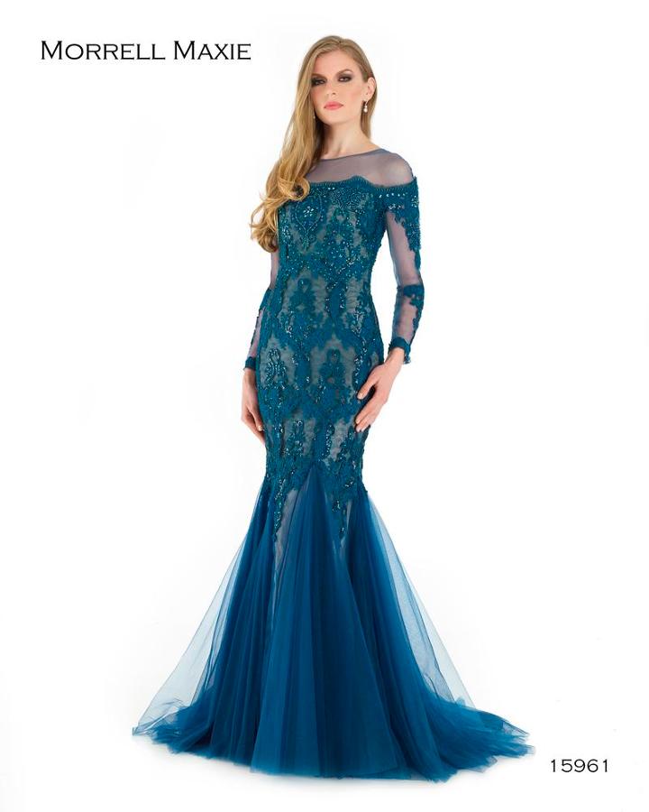 Morrell Maxie - 15961 Lace Embroidered Long Sleeve Tulle Mermaid Dress