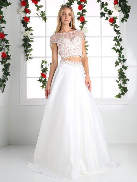 Cinderella Divine - Lace Cap Sleeve Two-piece Satin A-line Gown