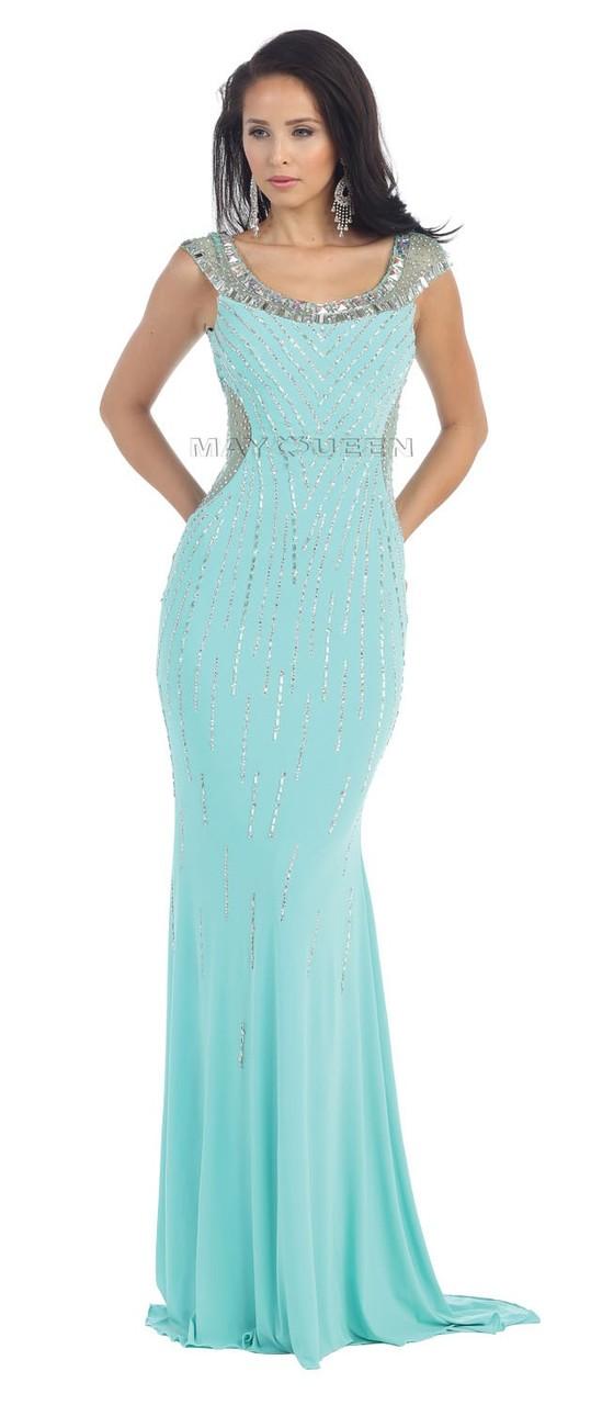 Adorned Bateau Shirred Mermaid Long Dress