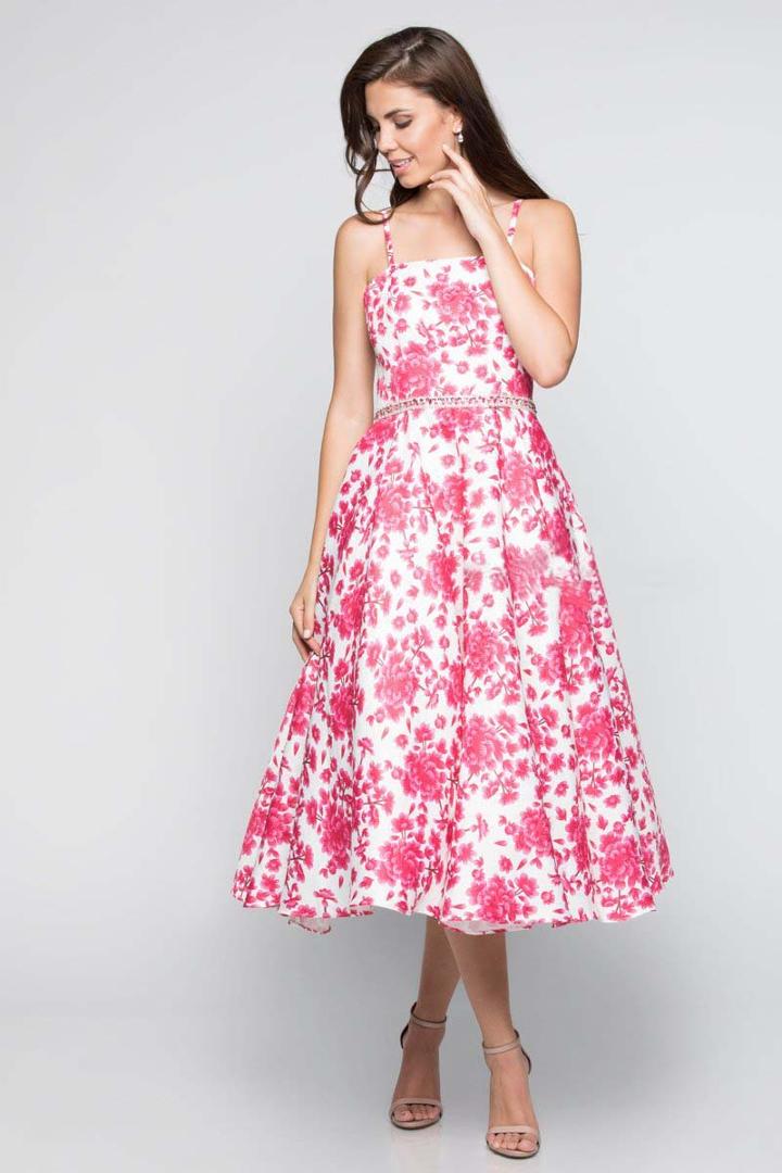 Milano Formals - E2340 Sleeveless Floral Tea Length Cocktail Dress
