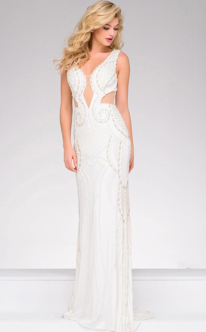 Jovani - 41301a Embellished Deep V-neck Sheath Dress