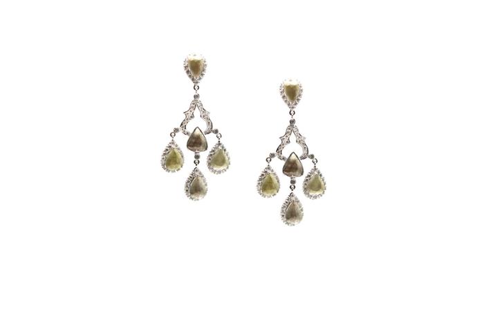 Tresor Collection - Rose Cut Raw Organic Diamond With White Round Brilliant Diamond Pave Chandeliur Earrings 18k White Gold