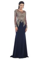May Queen - Long Sleeve Mermaid Dress With Metallic Lace Applique And Rhinestones Rq7479b