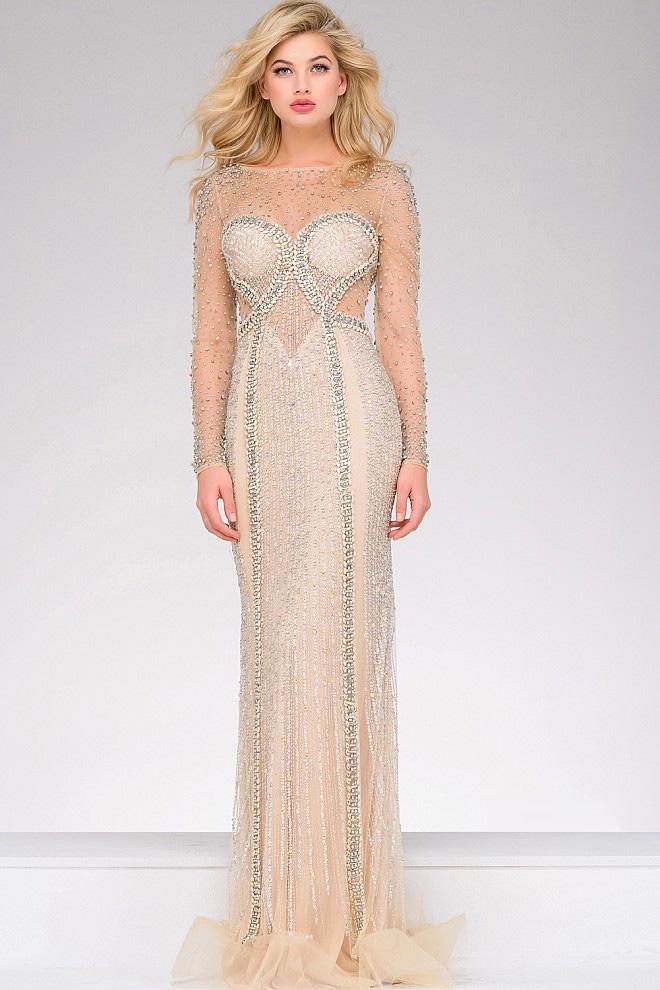 Jovani - Embellished Long Sleeve Illusion Dress 39844