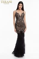Terani Couture - 1821gl7439 Feather-fringed Beaded Plunging Gown
