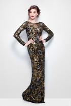 Primavera Couture - 1401 Long Sleeve Floral Sequined Long Sheath Gown