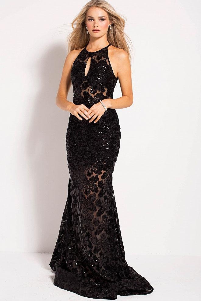 Jovani - 54986 Sequined Lace Illusion Halter Sheath Dress