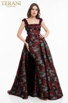Terani Couture - 1823e7334 Floral Applique Brocade Gown With Overskirt