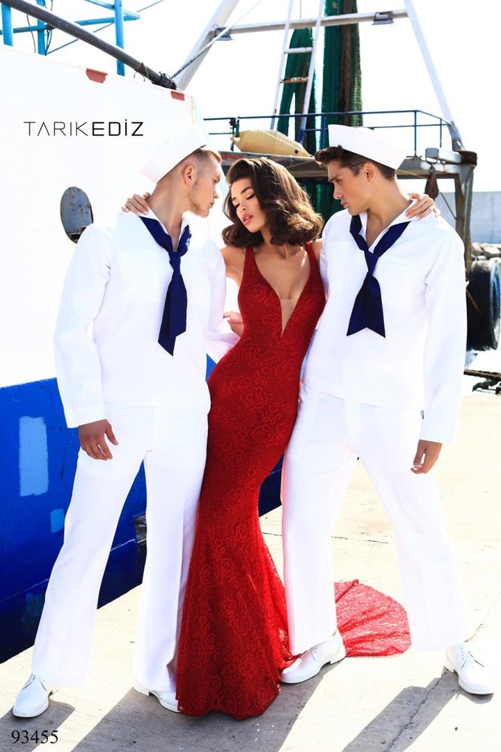Tarik Ediz - 93455 Lace Deep V-neck Jersey Sheath Dress