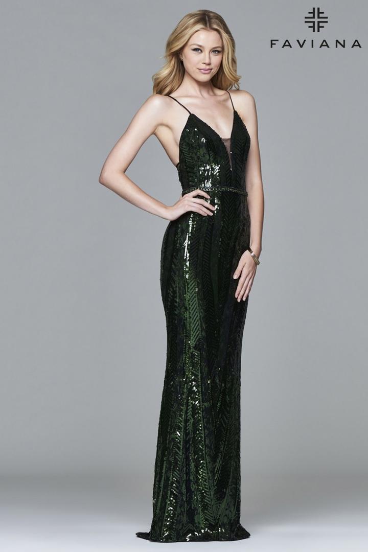Faviana - S8011 Long Novelty Sequin V-neck Dress