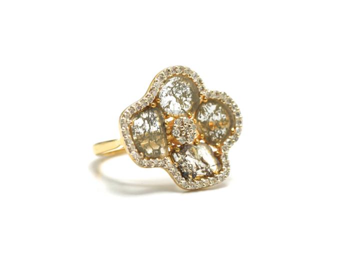 Tresor Collection - Organic Diamond Flower Ring With White Diamond Pave Frame Set In 18k Yellow Gold Default Title