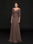 Marsoni By Colors - M226 Lace V-neck Chiffon A-line Gown