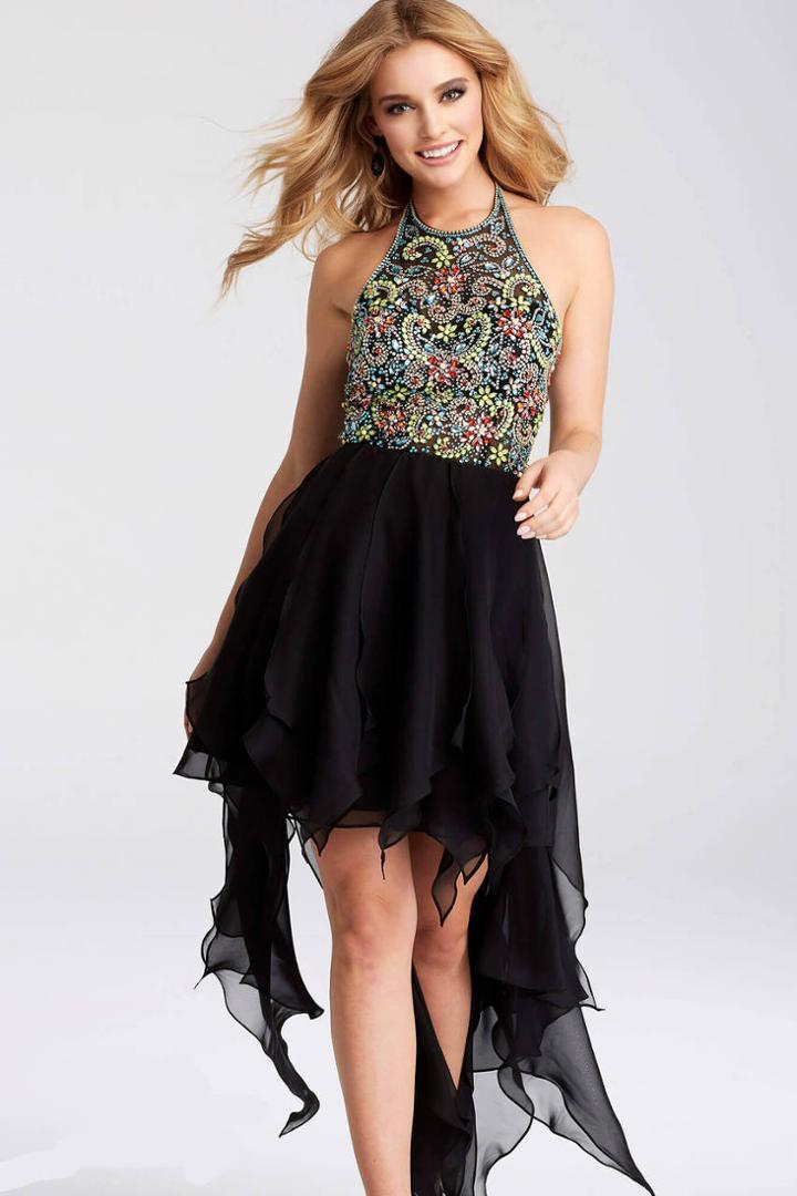 Jovani - Jvn53128 Halter Embellished Bodice High Low Dress