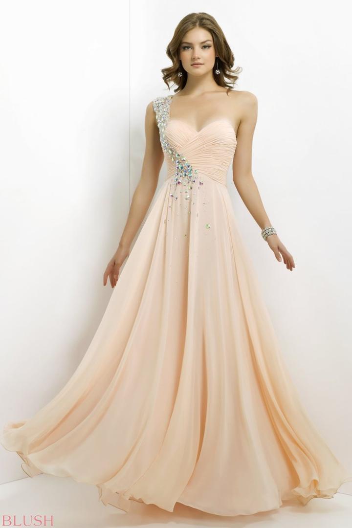 Blush - One Shoulder Pleated Long Dress 9760