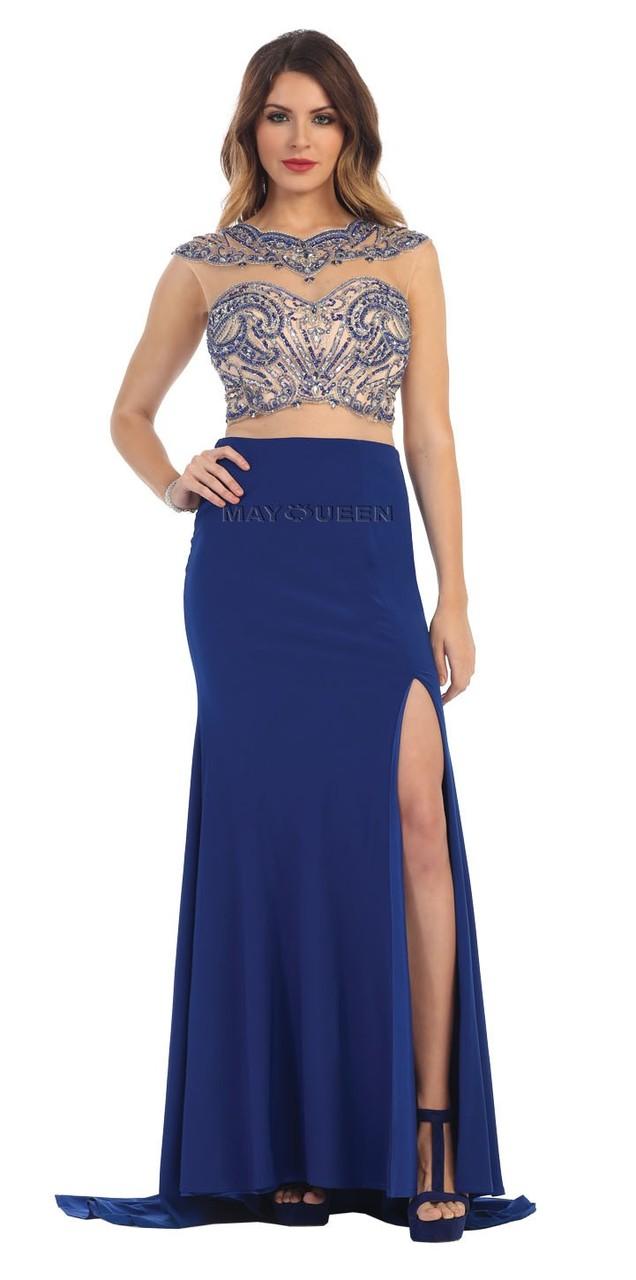 Jewel Neckline Stone-studded Illusion Evening Gown