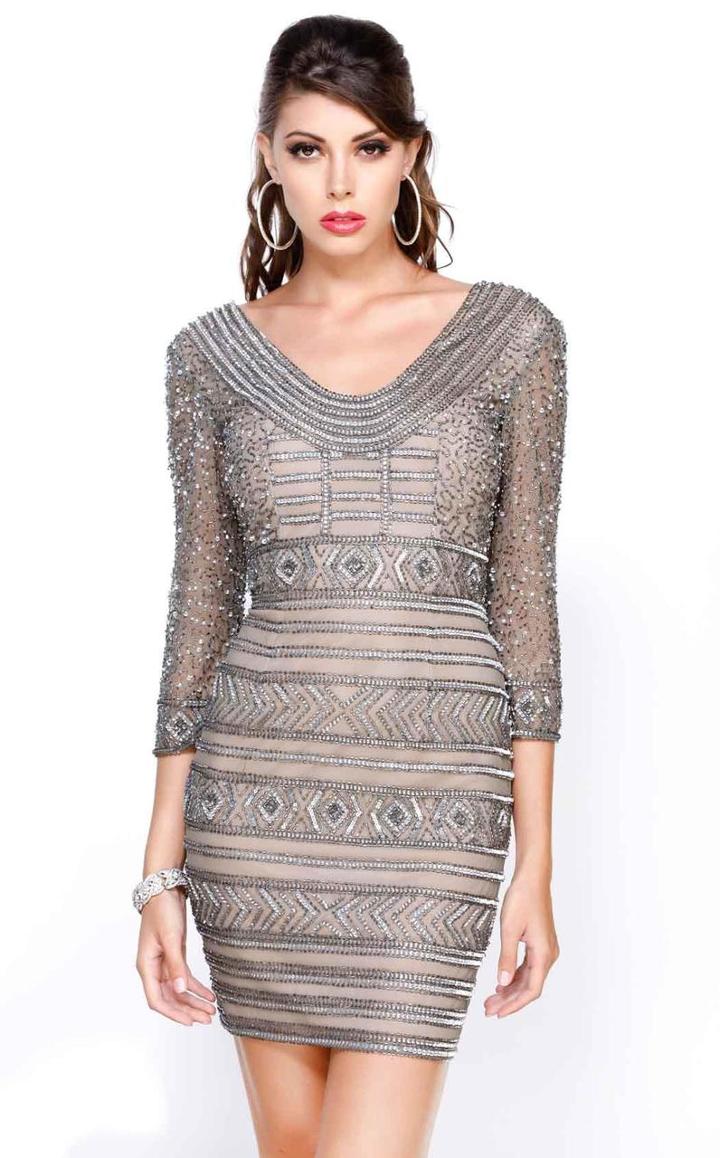 Shail K - Jewel Embellished Quarter Length Sleeve Scoop Neck Column Dress 1016