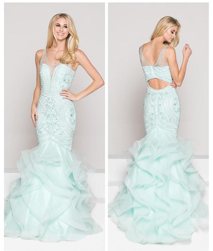 Colors Couture - J050 Illusion V-neck Ruffled Trumpet Gown