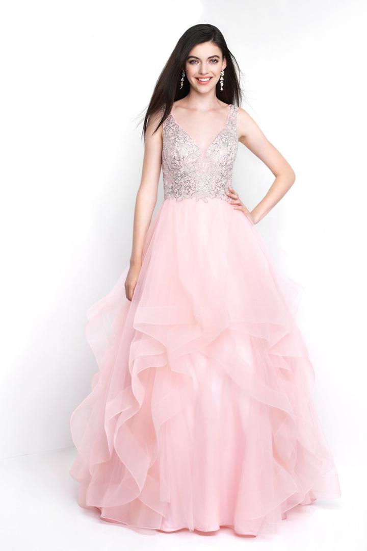 Blush - 5653 Bedazzled V-neck A-line Dress