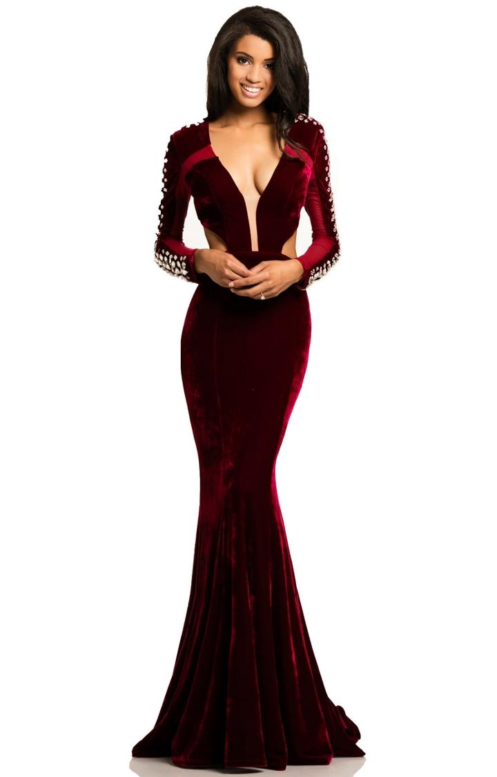 Johnathan Kayne - 8098 Plunging Velvet Long Sleeves Fitted Gown