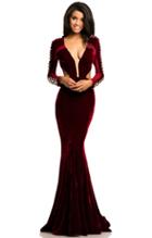 Johnathan Kayne - 8098 Plunging Velvet Long Sleeves Fitted Gown