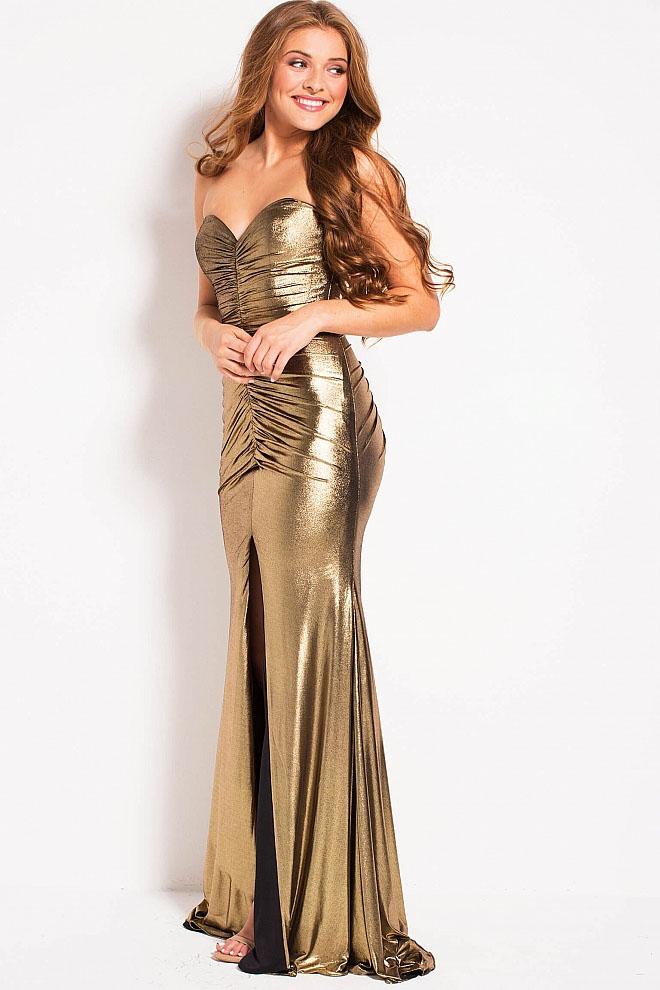 Jovani - 51552 Strapless Gold Metallic Ruched Fitted Dress