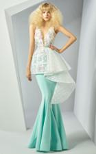 Mnm Couture - G0885 Plunging Appliqued Cascading Peplum Gown