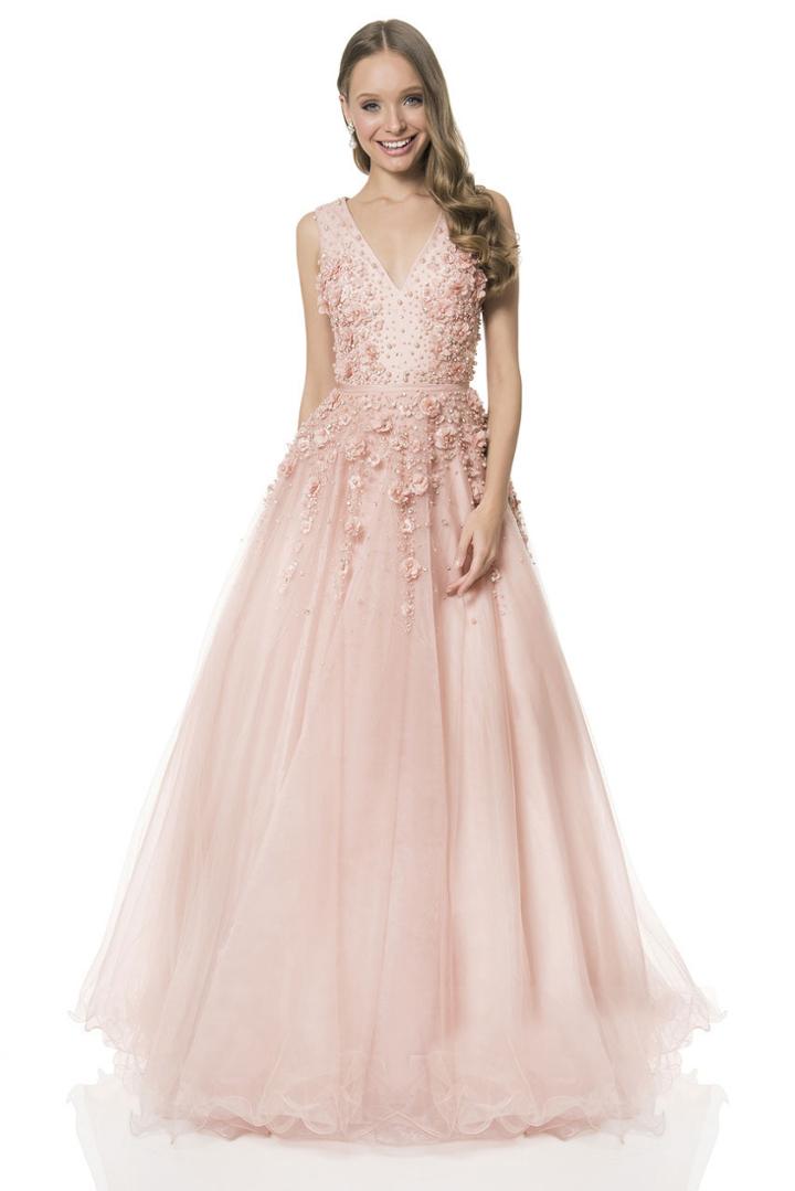 Terani Couture - Monarch Pearl And Floral-accented V-neck Ball Gown 1612p1123a