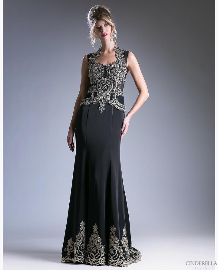 Cinderella Divine - Embroidered Queen Anne Neck Sheath Dress