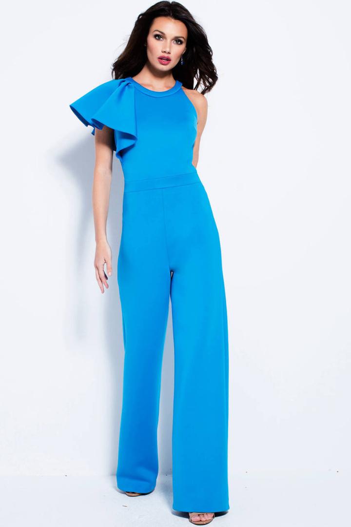 Jovani - 57580 Ruffled Sleeve Jewel Neck Jumpsuit