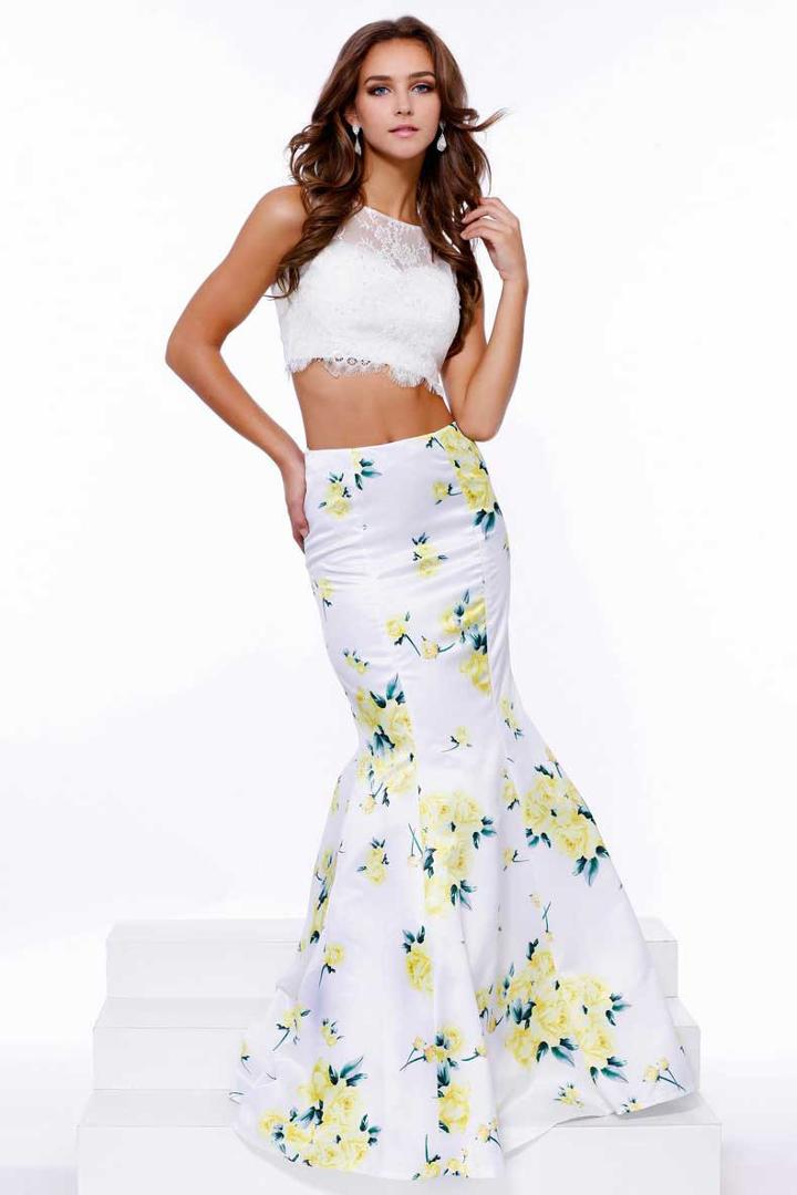 Two Piece Sleeveless Laced Jewel Crop Top And Long Floral Trumpet Dress