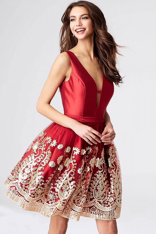 Jovani - Jvn54527 Embroidered Deep V-neck A-line Dress