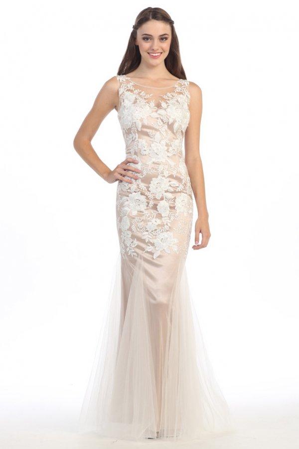 Eureka Fashion - Floral Embroidered Illusion Bateau Trumpet Dress