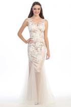 Eureka Fashion - Floral Embroidered Illusion Bateau Trumpet Dress