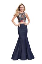 La Femme - 25614 Two Piece Floral Applique And Denim Evening Gown