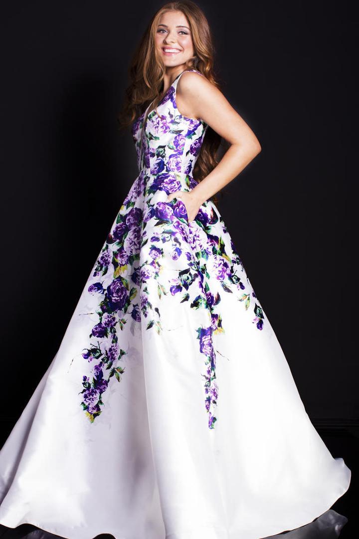 Jovani - 60897 Plunging V-neck Floral Print Ballgown