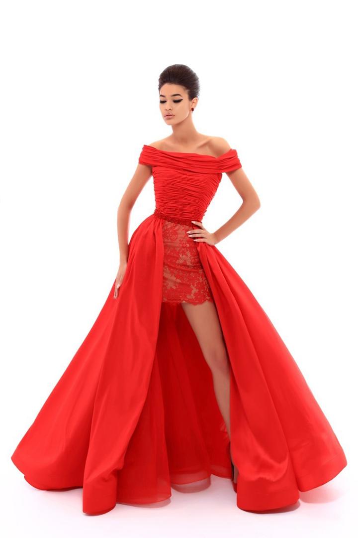 Tarik Ediz - 50223 Ruched Off-shoulder Lace Dress With An Overskirt