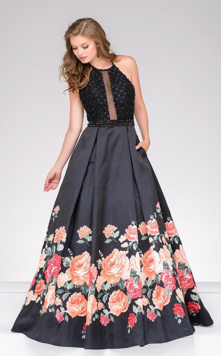 Jovani - 47020 Halter Illusion Floral Patterned Gown