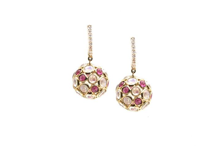 Tresor Collection - Rainbow Moonstone & Pink Tourmaline Ball With Diamond Huggies Earrings In 18k Yellow Gold