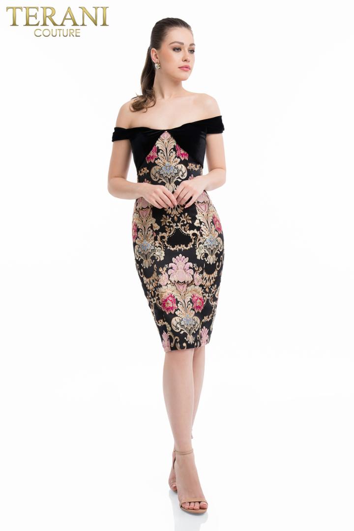 Terani Couture - 1821c7021 Off-shoulder Velvet Knee Length Dress