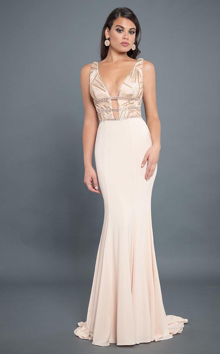 Rachel Allan Couture - 8304 Sequined Plunging V Neck Jersey Gown