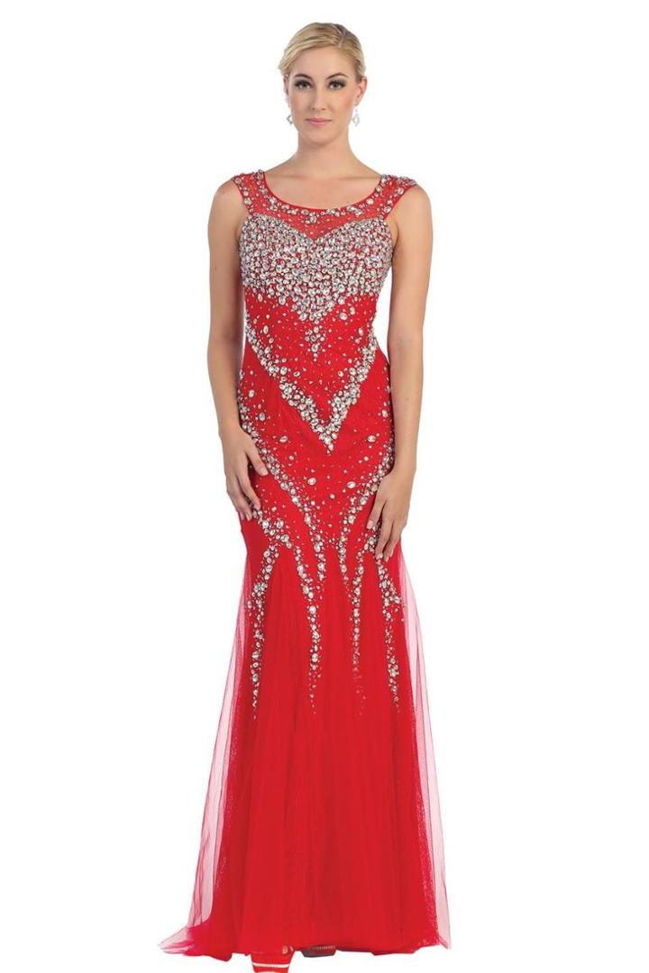 Long Embellished Cap Sleeve Fit And Flare Dress